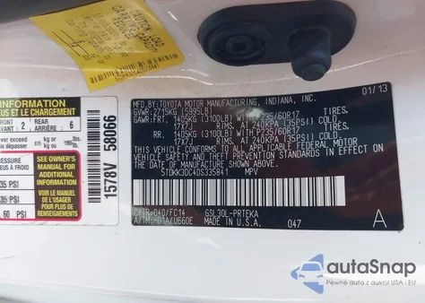 2013 Toyota Sienna Le V6 8 Passenger из США, поврежденный, VIN 5TDKK3DC4DS335841